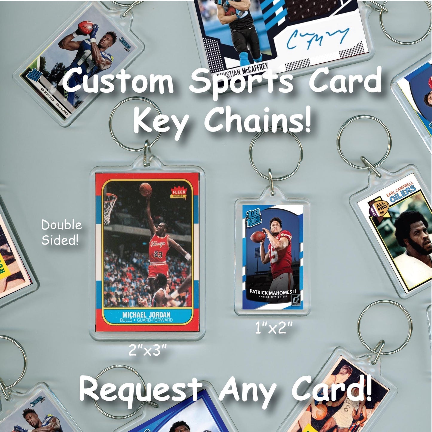 Sports Card Keychain - You Pick The Card! Football Baseball Basketball Hockey Tennis Wrestling Racing MMA